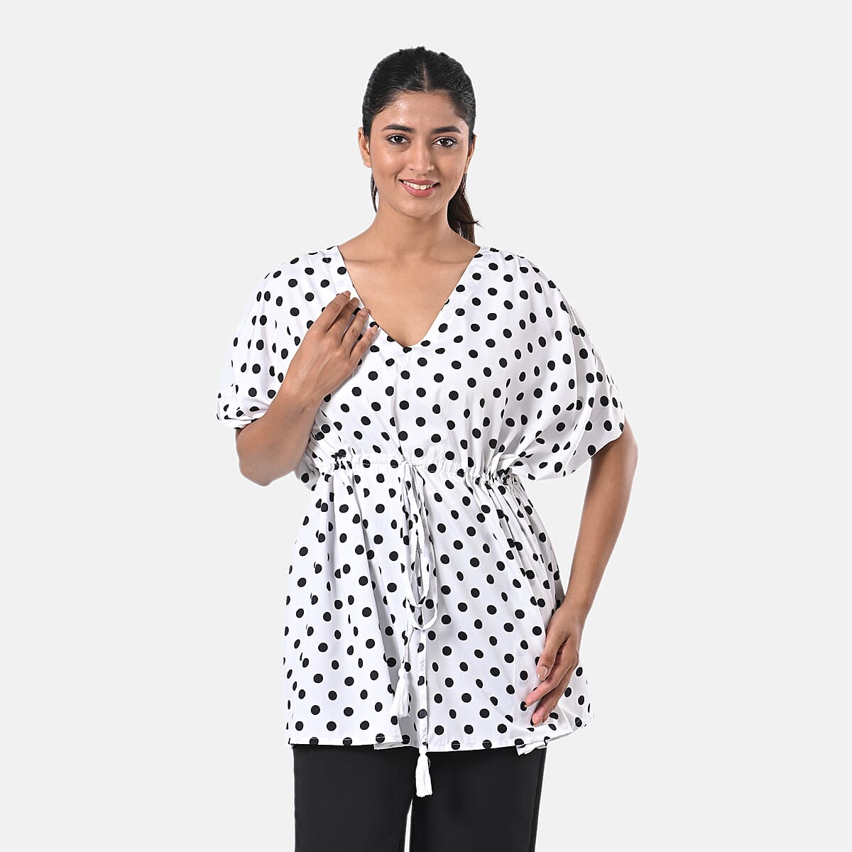 Black and White Polyester Mini Kaftan Dress With Waist Tie Tassel Detailing - L (31x39) image number 3