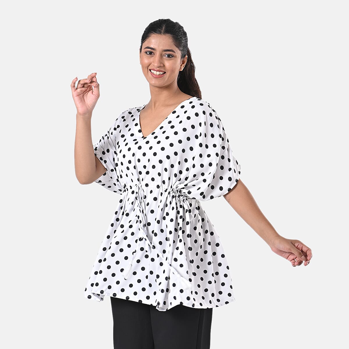 Black and White Polyester Mini Kaftan Dress With Waist Tie Tassel Detailing - L (31x39) image number 4