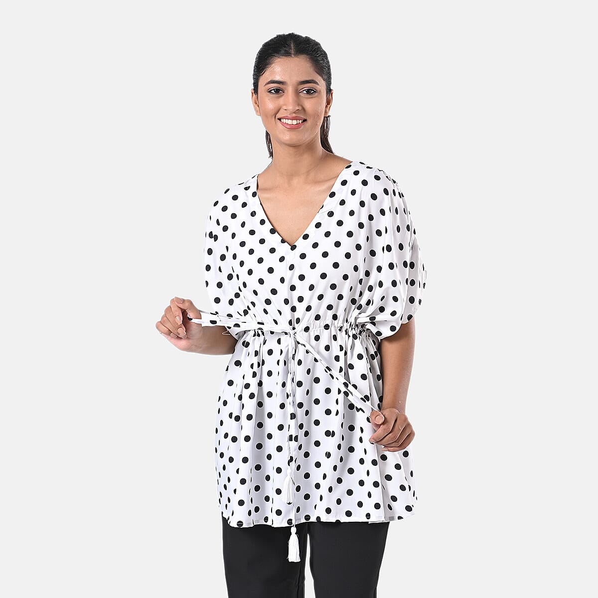 Black and White Polyester Mini Kaftan Dress With Waist Tie Tassel Detailing - L (31x39) image number 5