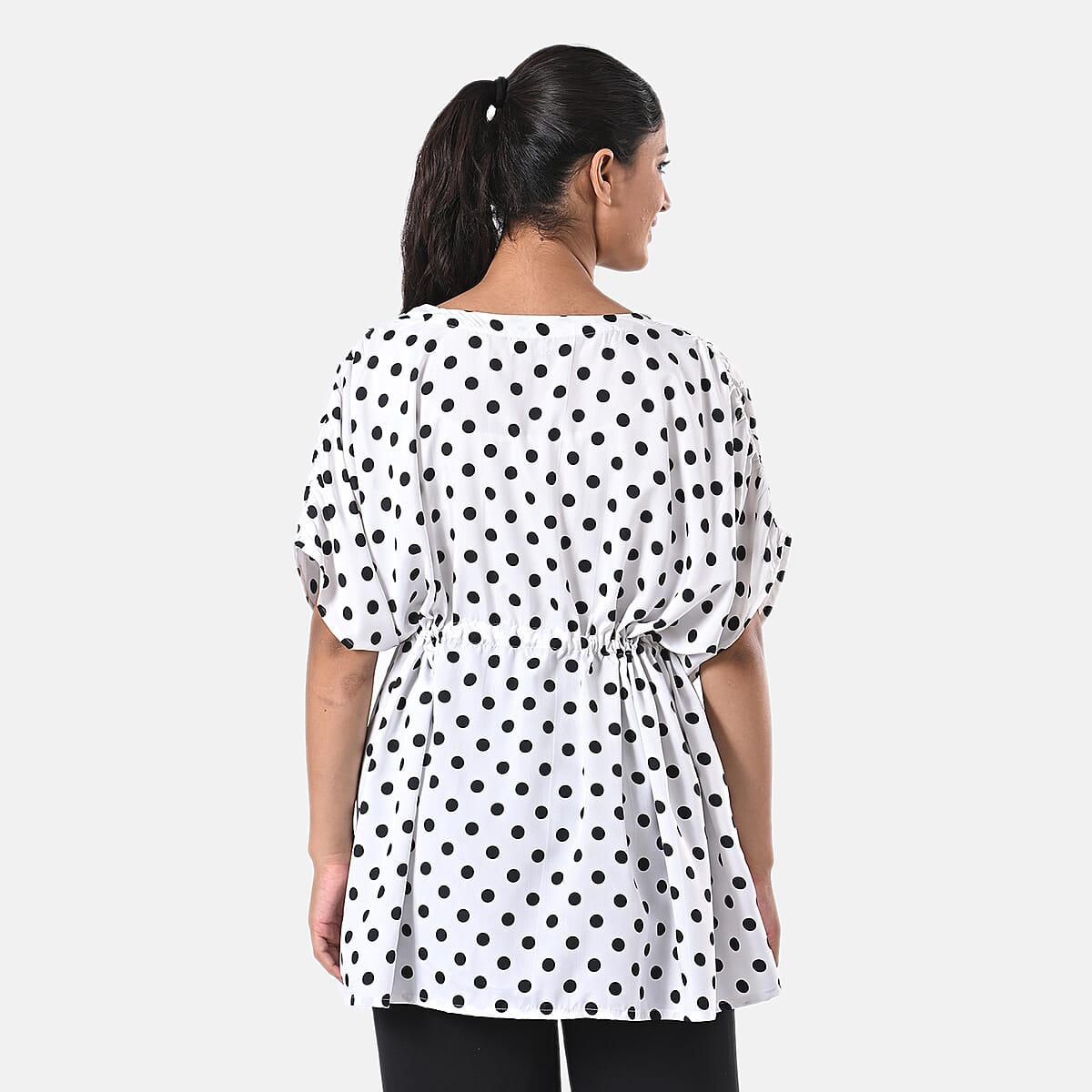 Black and White Polyester Mini Kaftan Dress With Waist Tie Tassel Detailing - L (31x39) image number 6