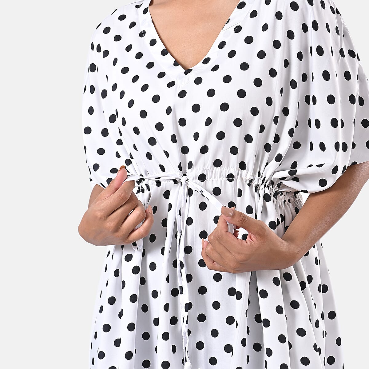 TAMSY White Polka Dot Short Kaftan with Drawstring Waist Tie - One Size Fits Most image number 9