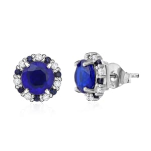 Tanzanian Blue Spinel (DF) and Multi Gemstone 2.30 ctw Vintage Halo Earrings in Rhodium Over Sterling Silver
