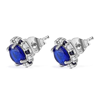 Tanzanian Blue Spinel (DF) and Multi Gemstone 2.30 ctw Vintage Halo Earrings in Rhodium Over Sterling Silver