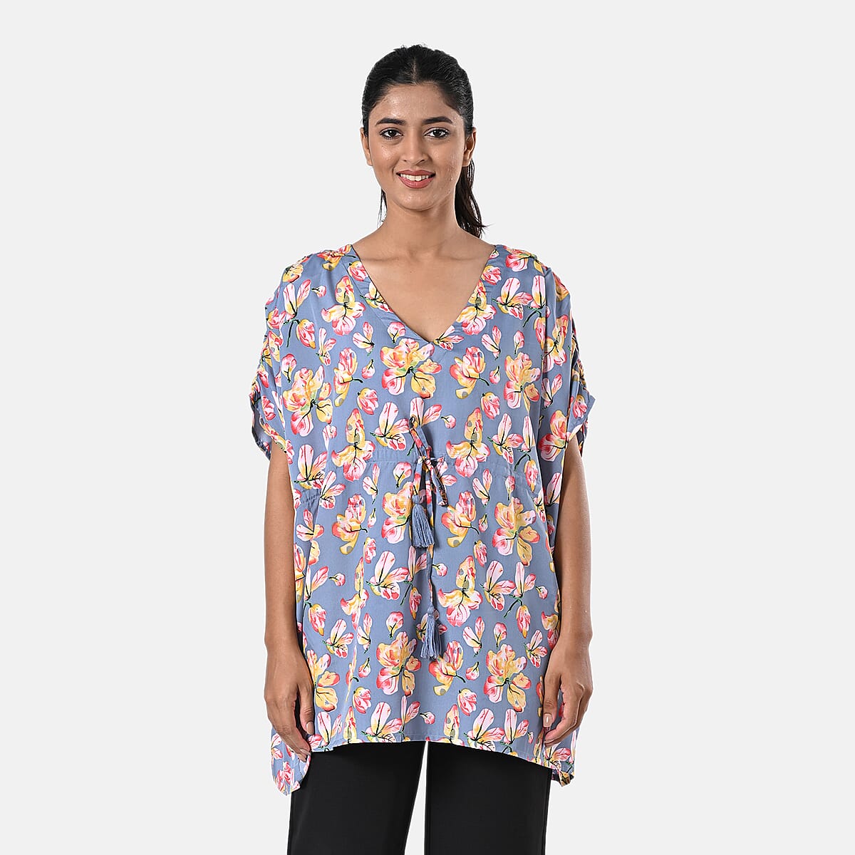 100% Polyester, Mini Kaftan Dress, With waist tie tassel detailing Color - Grey/Yellow L - 31 W - 39  image number 0