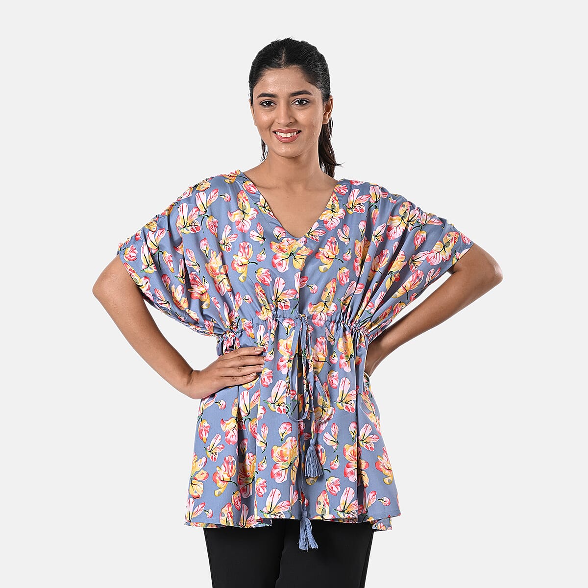 100% Polyester, Mini Kaftan Dress, With waist tie tassel detailing Color - Grey/Yellow L - 31 W - 39  image number 1