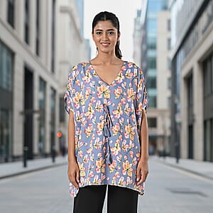 TAMSY Gray Floral Short Kaftan with Drawstring Waist Tie - One Size Fits Most