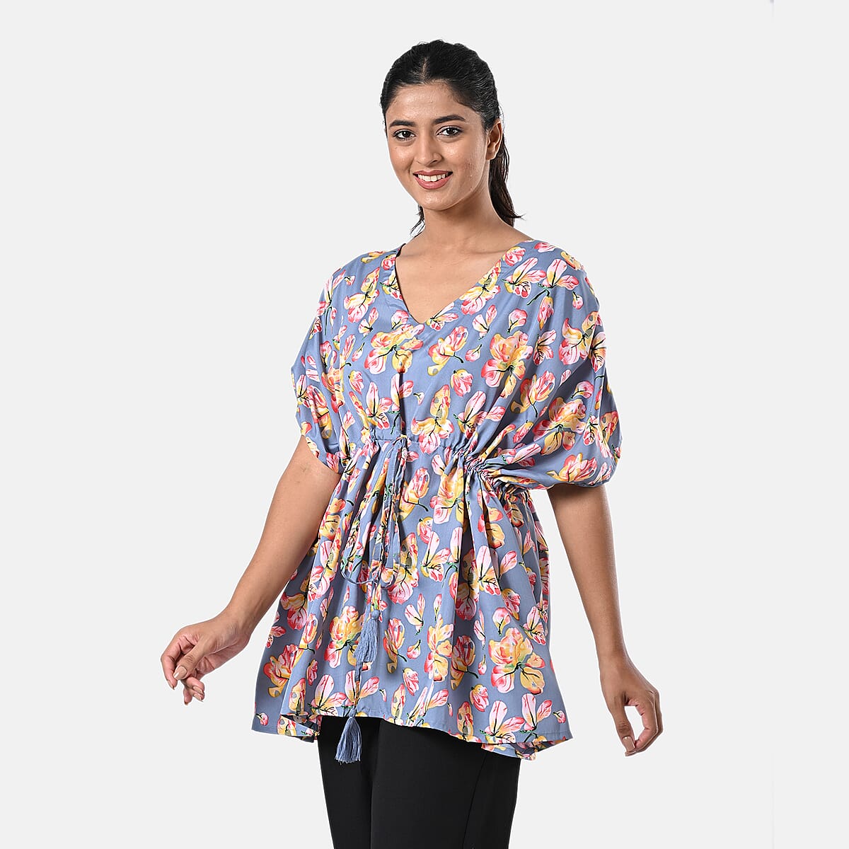 100% Polyester, Mini Kaftan Dress, With waist tie tassel detailing Color - Grey/Yellow L - 31 W - 39  image number 2