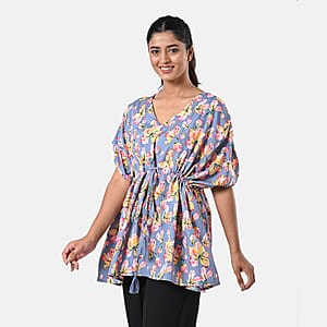 TAMSY Gray Floral Short Kaftan with Drawstring Waist Tie - One Size Fits Most