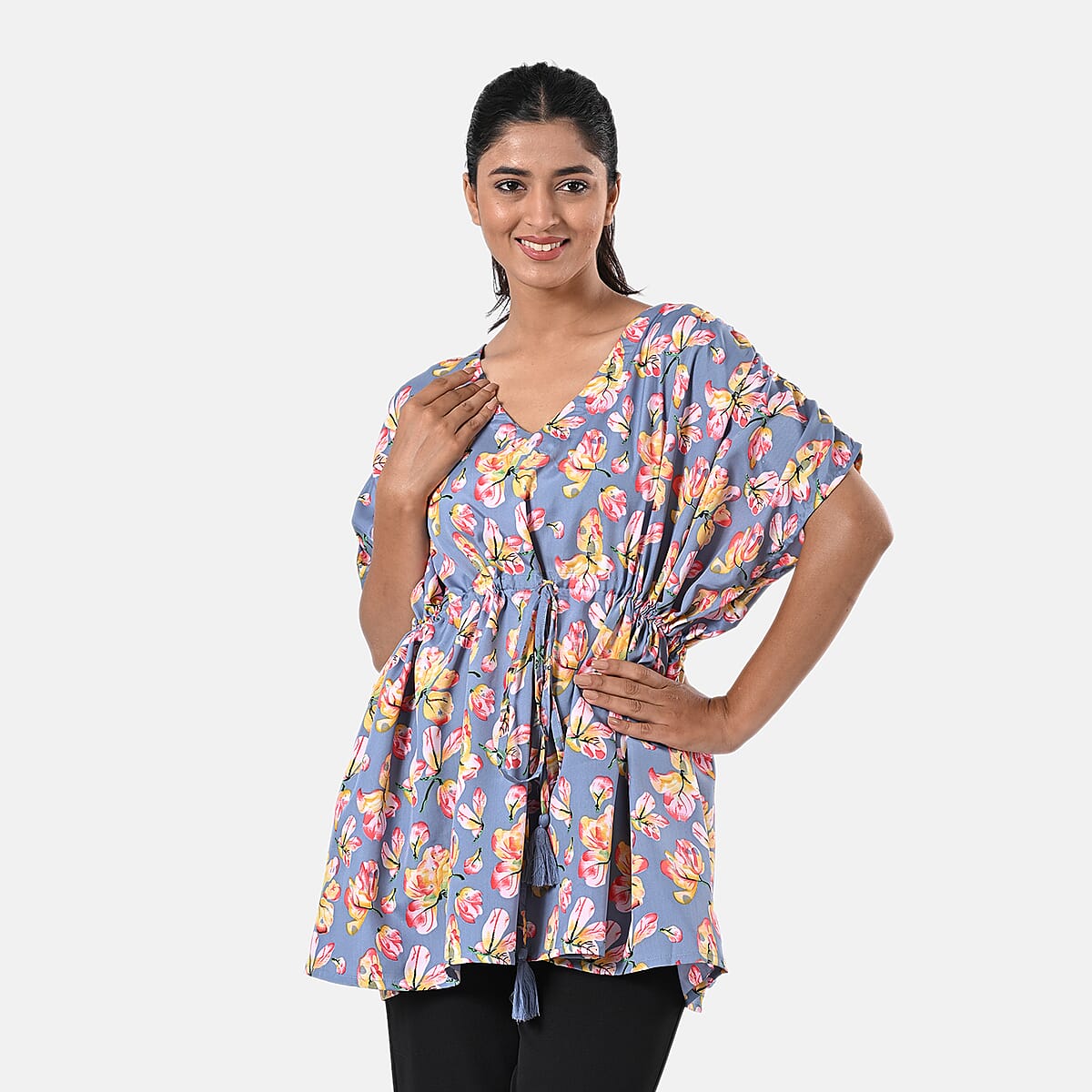 100% Polyester, Mini Kaftan Dress, With waist tie tassel detailing Color - Grey/Yellow L - 31 W - 39  image number 4