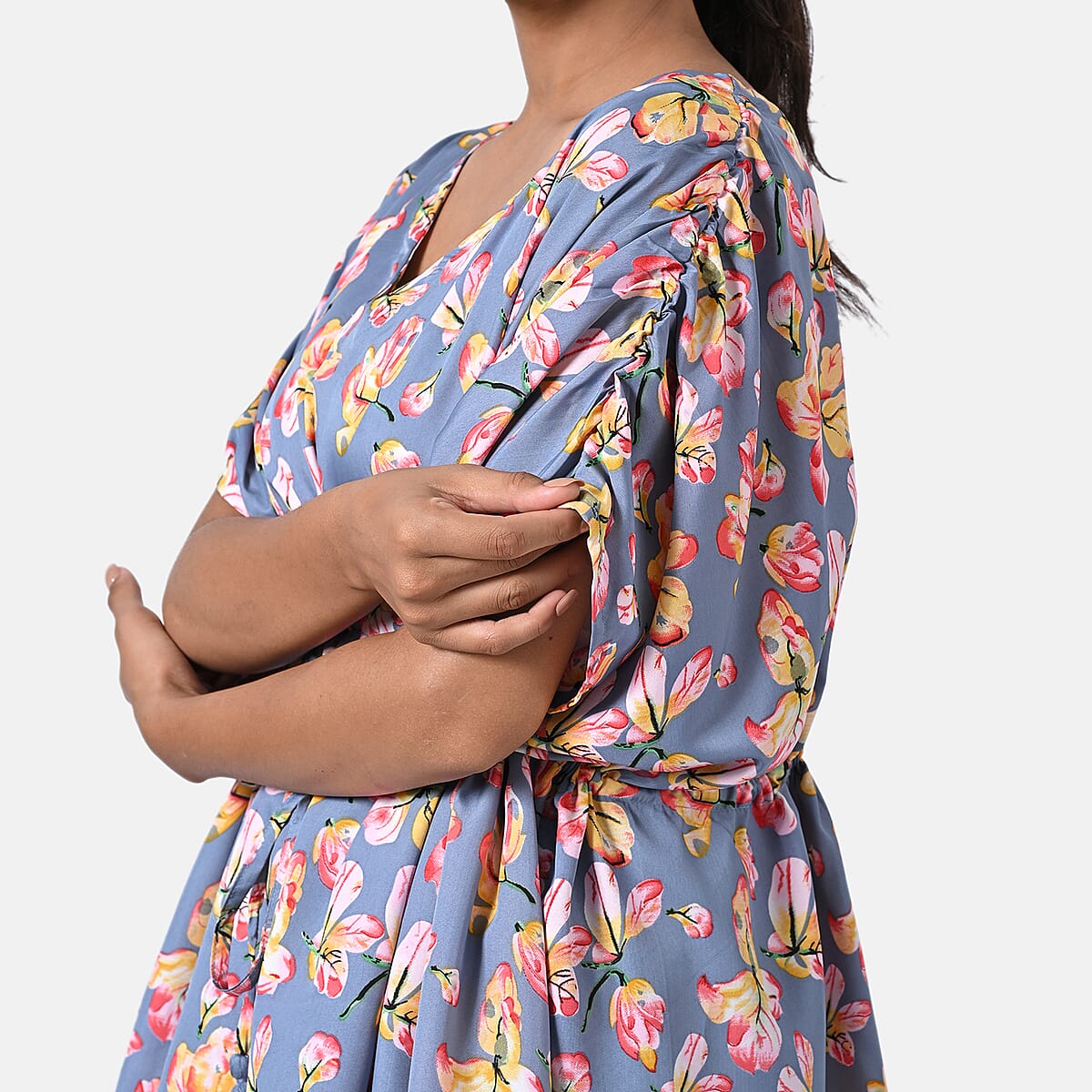 100% Polyester, Mini Kaftan Dress, With waist tie tassel detailing Color - Grey/Yellow L - 31 W - 39  image number 6