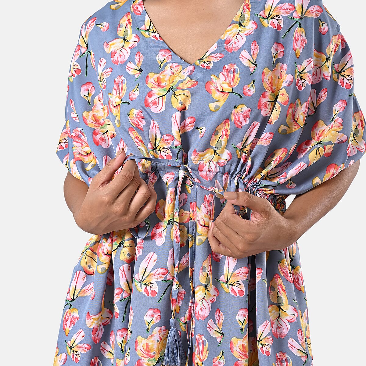 100% Polyester, Mini Kaftan Dress, With waist tie tassel detailing Color - Grey/Yellow L - 31 W - 39  image number 7
