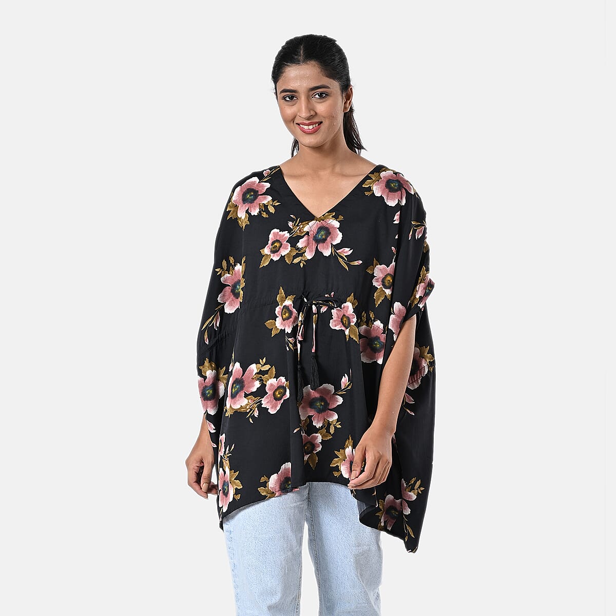 Black Polyester Mini Kaftan Dress With Waist Tie Tassel Detailing - L (31x39) image number 0