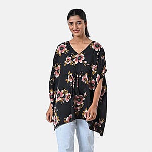 Black Polyester Mini Kaftan Dress With Waist Tie Tassel Detailing - L (31x39)