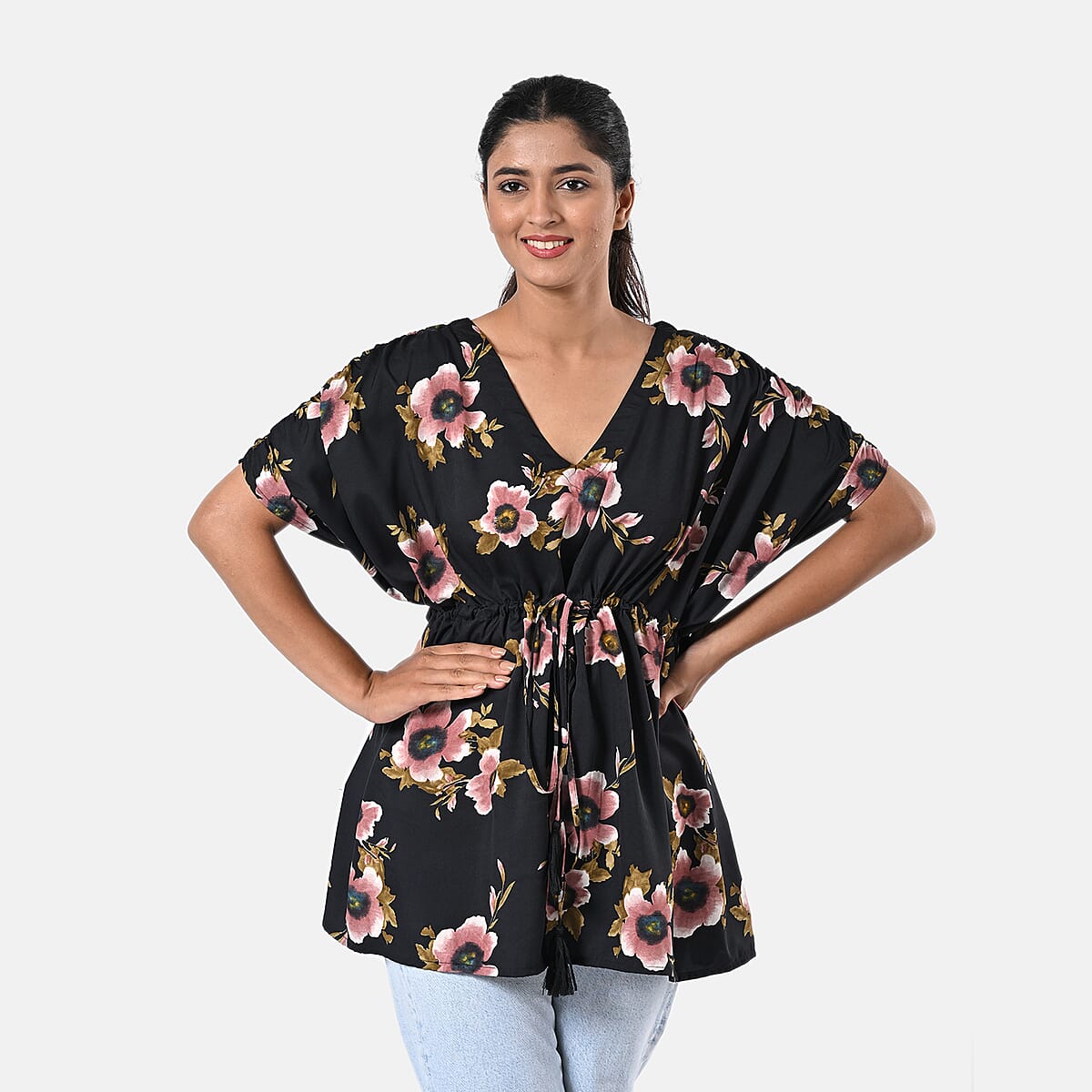 Black Polyester Mini Kaftan Dress With Waist Tie Tassel Detailing - L (31x39) image number 1