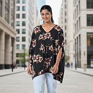 TAMSY Black Floral Short Kaftan with Drawstring Waist Tie - One Size Fits Most
