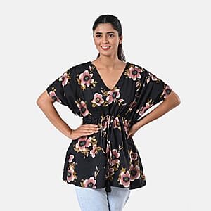 TAMSY Black Floral Short Kaftan with Drawstring Waist Tie - One Size Fits Most