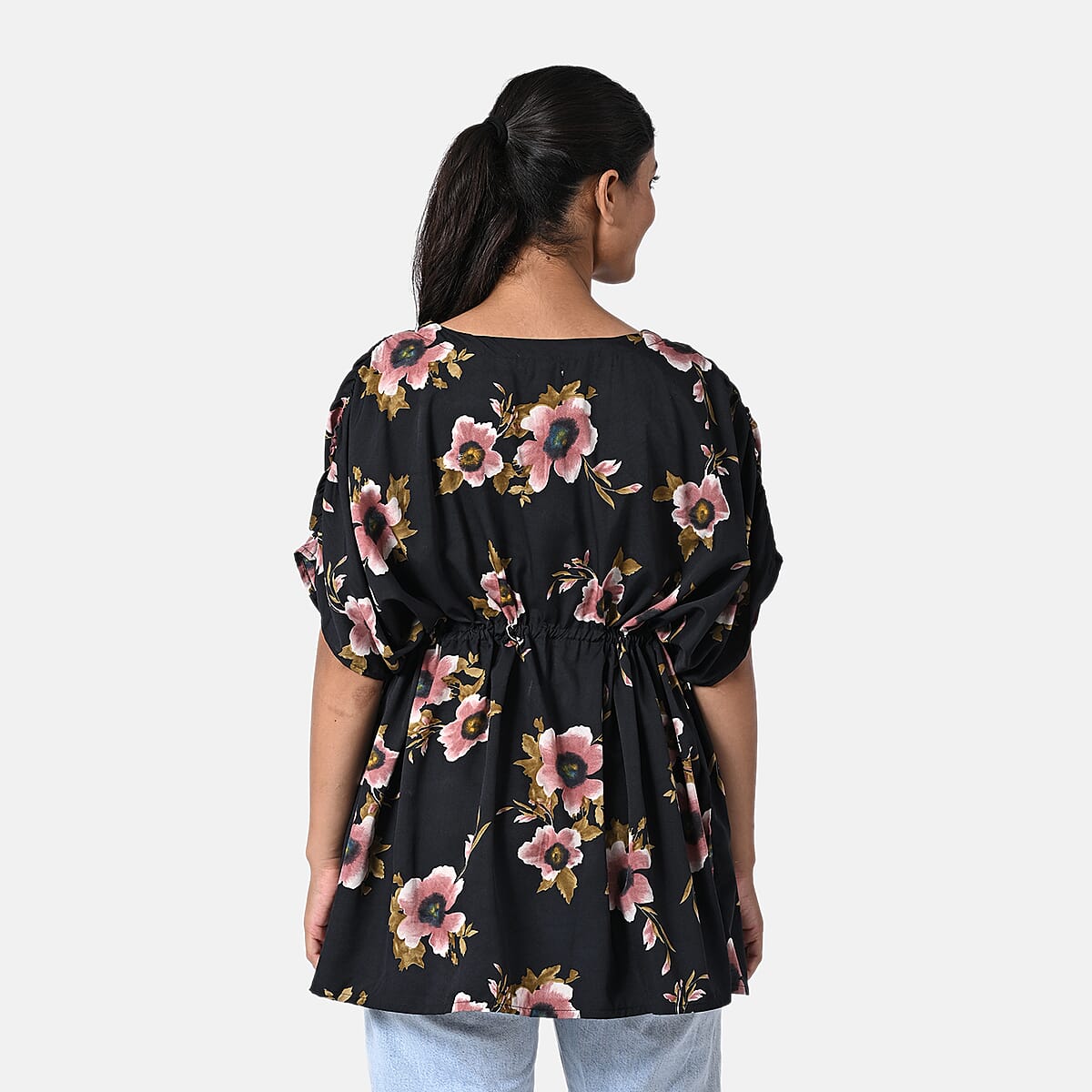 Black Polyester Mini Kaftan Dress With Waist Tie Tassel Detailing - L (31x39) image number 3