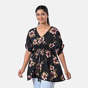 TAMSY Black Floral Short Kaftan with Drawstring Waist Tie - One Size Fits Most