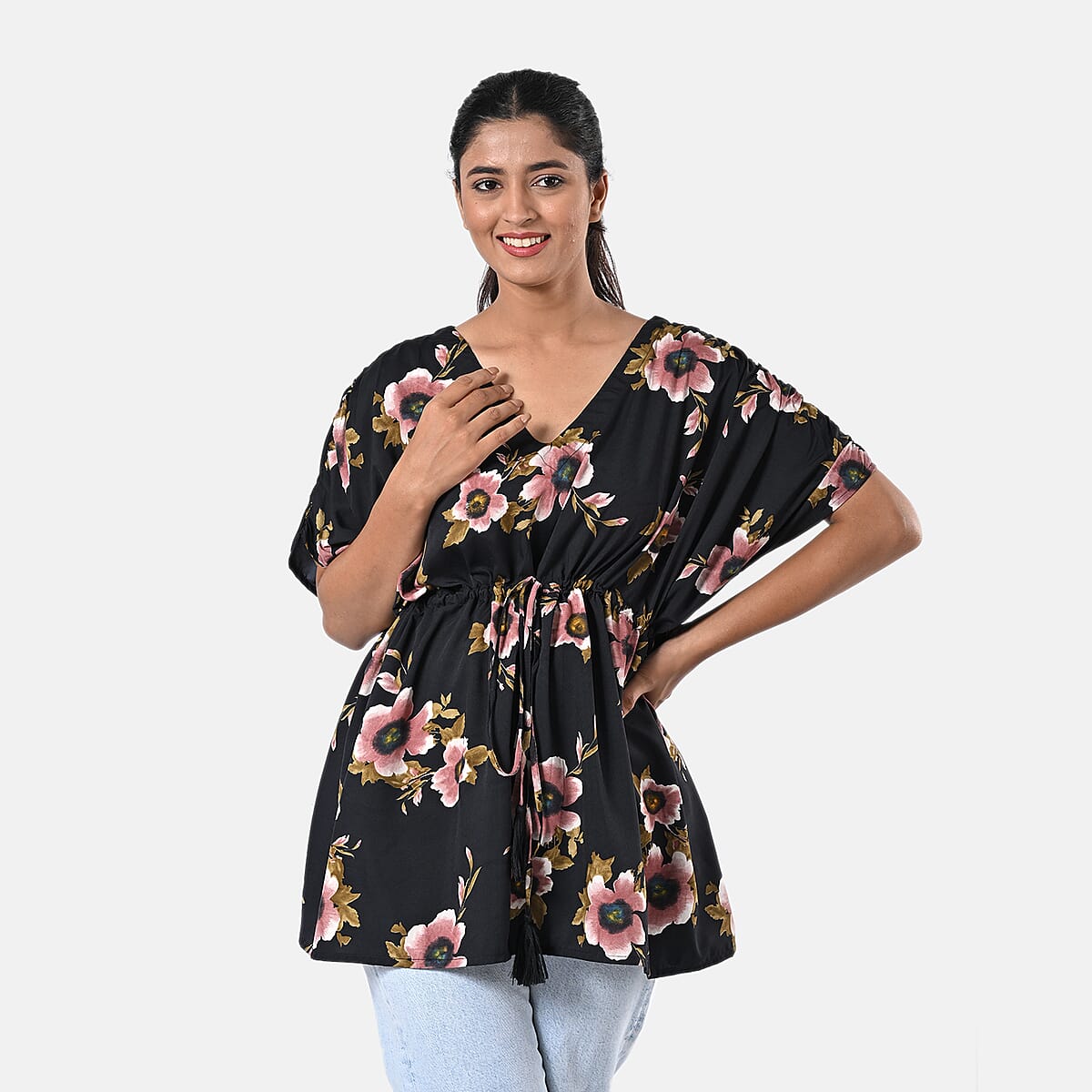Black Polyester Mini Kaftan Dress With Waist Tie Tassel Detailing - L (31x39) image number 4