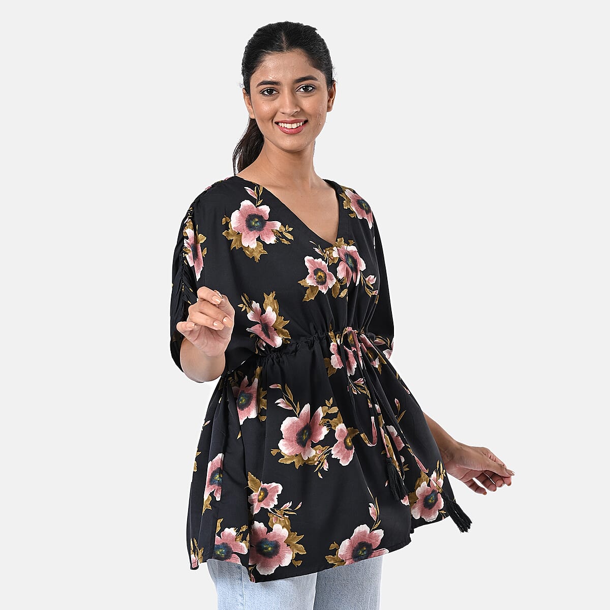 Black Polyester Mini Kaftan Dress With Waist Tie Tassel Detailing - L (31x39) image number 5