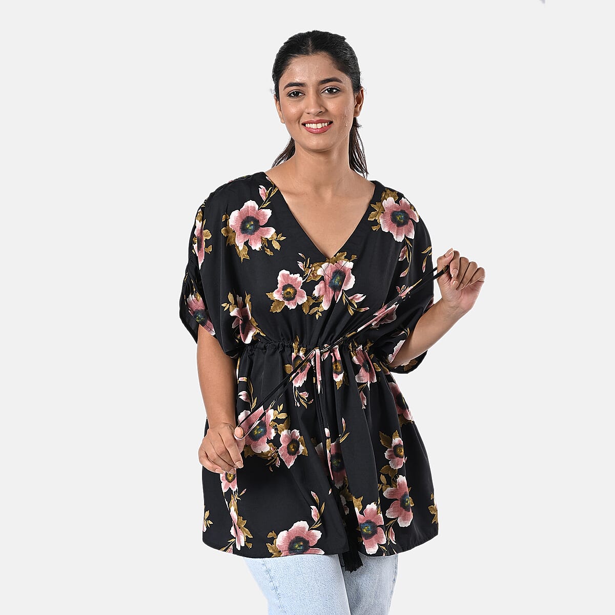 Black Polyester Mini Kaftan Dress With Waist Tie Tassel Detailing - L (31x39) image number 6