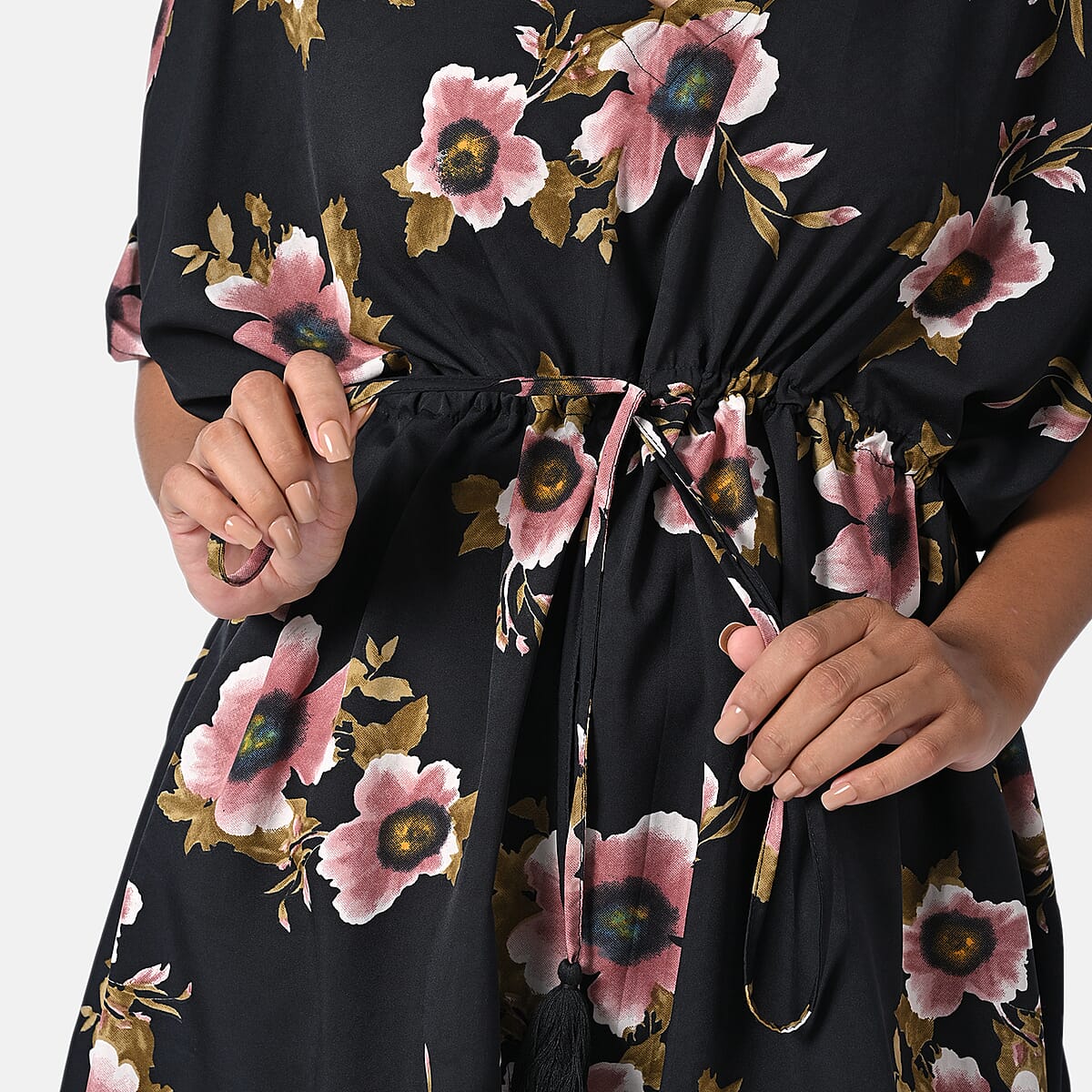 Black Polyester Mini Kaftan Dress With Waist Tie Tassel Detailing - L (31x39) image number 7