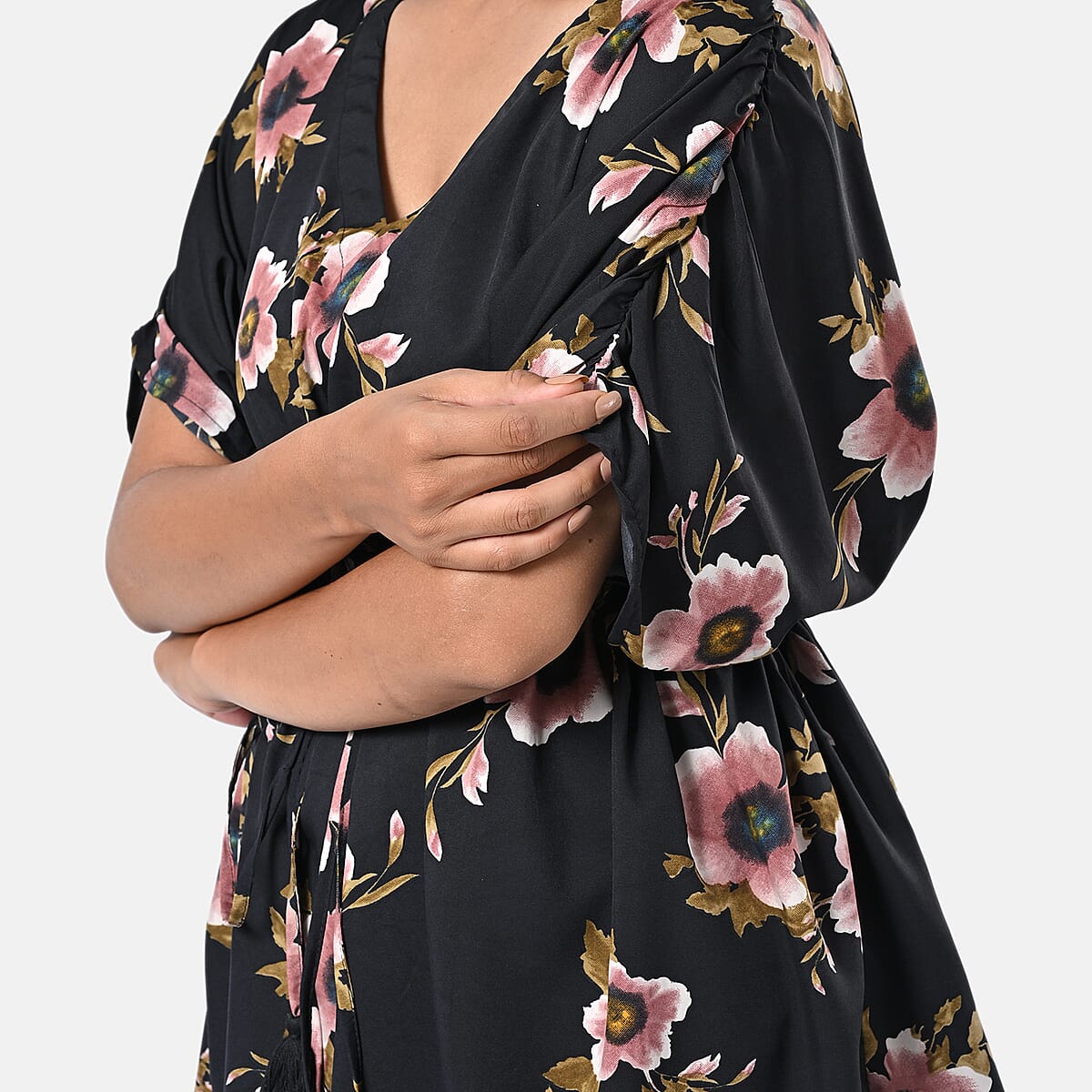 TAMSY Black Floral Short Kaftan with Drawstring Waist Tie - One Size Fits Most image number 9