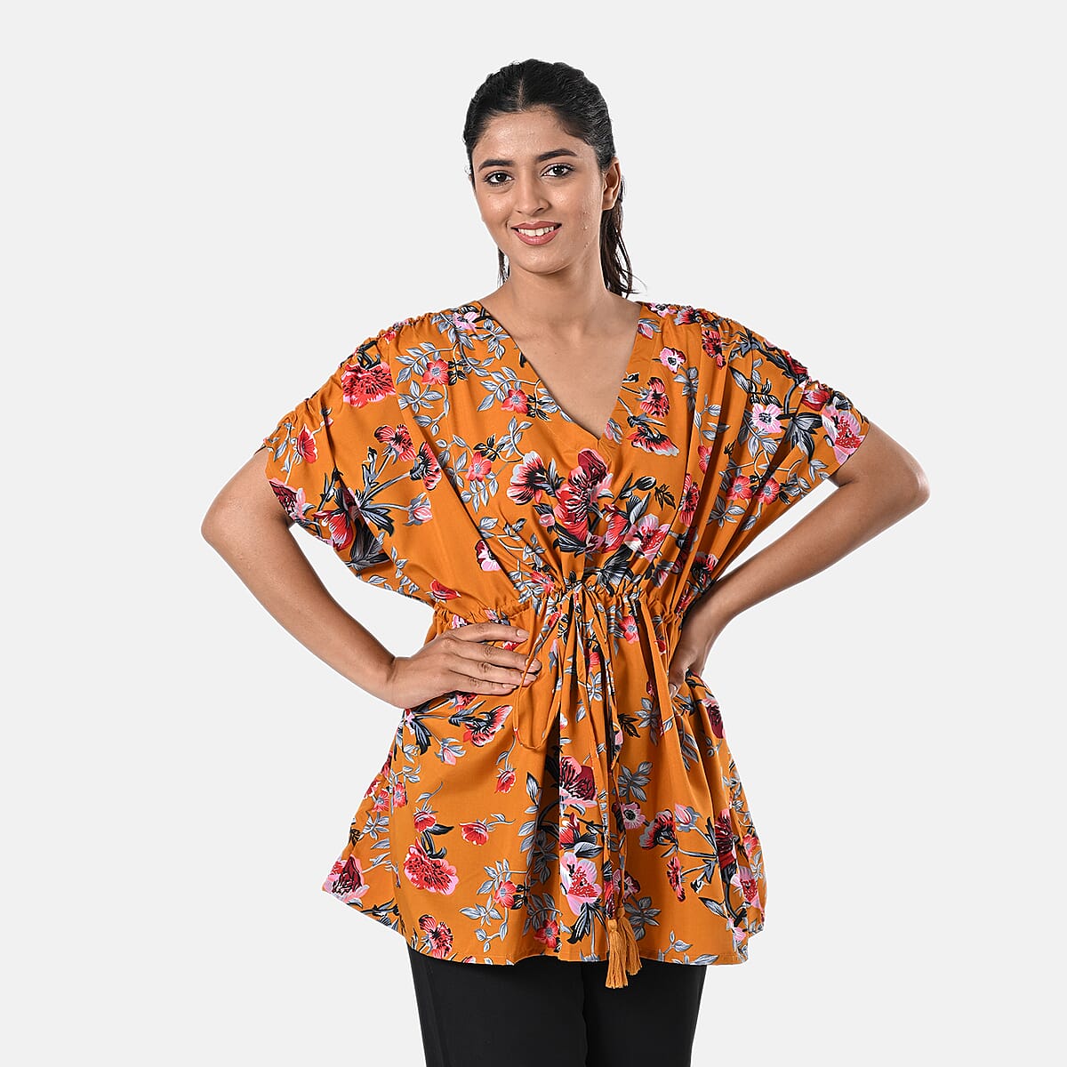 Mustard Yellow Polyester Mini Kaftan Dress With Waist Tie Tassel Detailing - L (31x39) image number 1