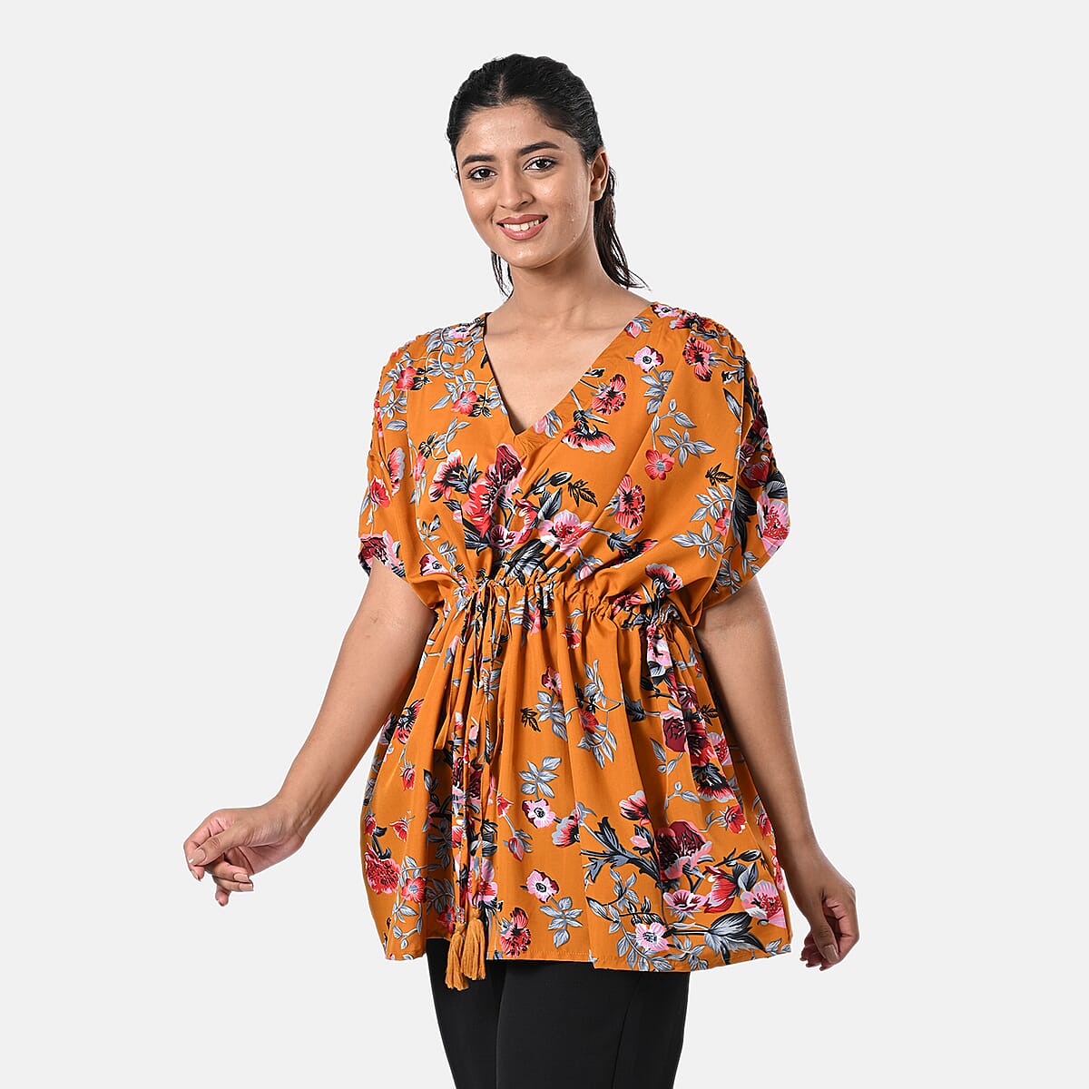 Mustard Yellow Polyester Mini Kaftan Dress With Waist Tie Tassel Detailing - L (31x39) image number 2