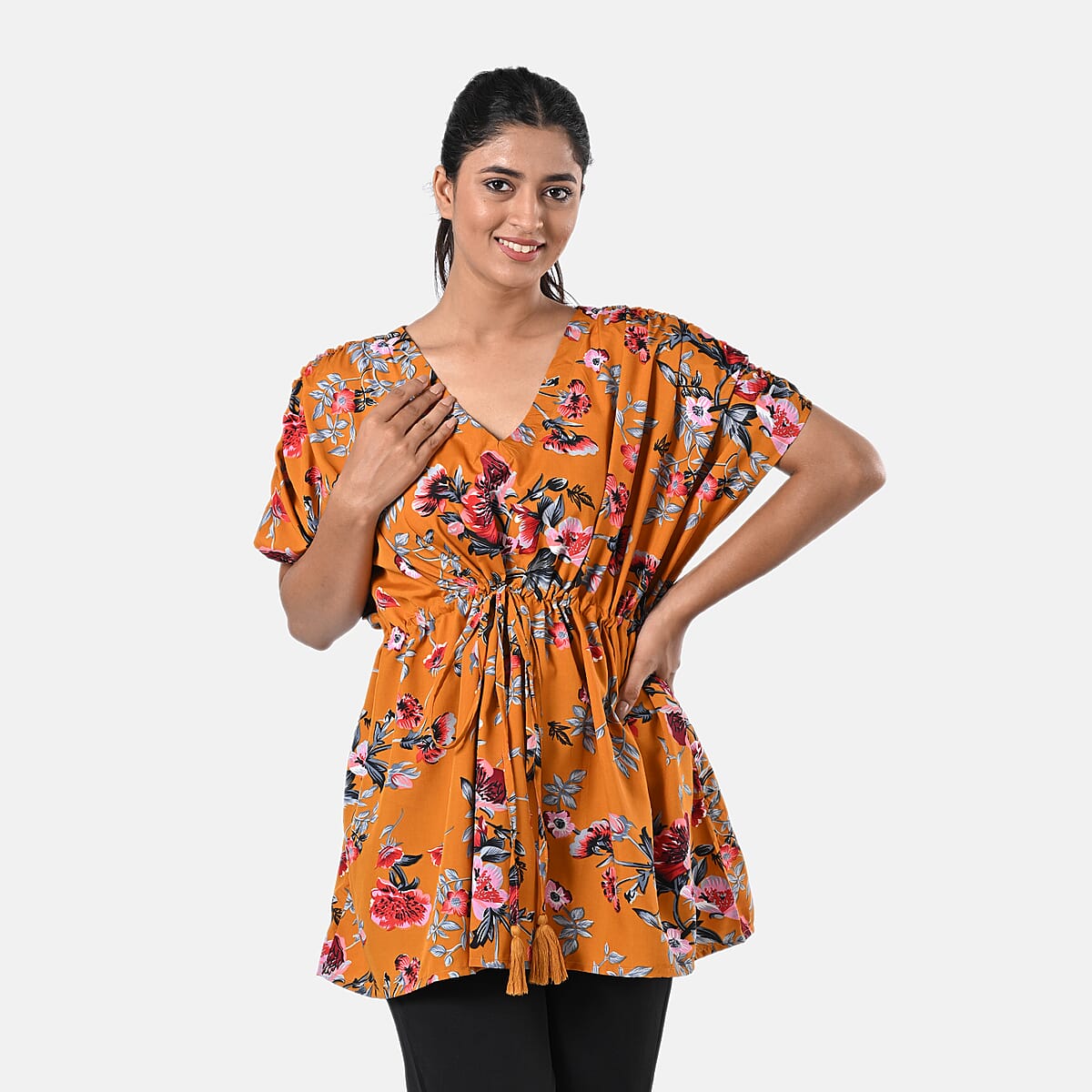 Mustard Yellow Polyester Mini Kaftan Dress With Waist Tie Tassel Detailing - L (31x39) image number 4