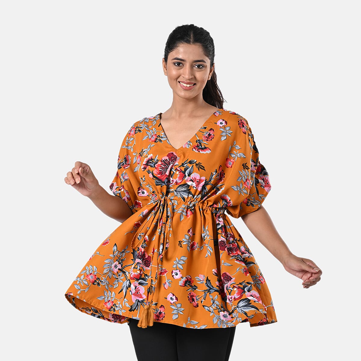 Mustard Yellow Polyester Mini Kaftan Dress With Waist Tie Tassel Detailing - L (31x39) image number 5