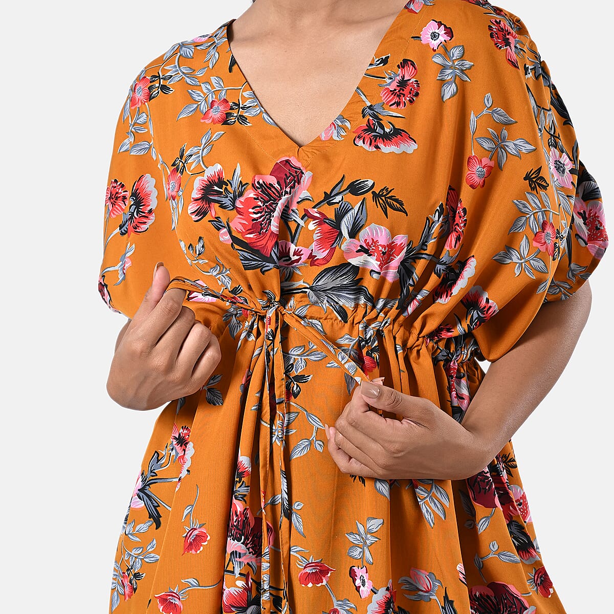 Mustard Yellow Polyester Mini Kaftan Dress With Waist Tie Tassel Detailing - L (31x39) image number 6