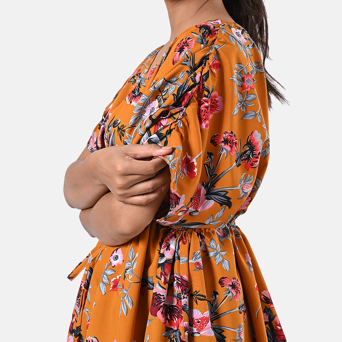 Mustard Yellow Polyester Mini Kaftan Dress With Waist Tie Tassel Detailing - L (31x39) image number 7
