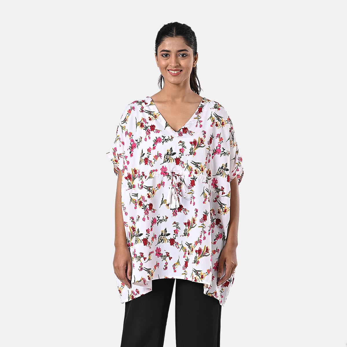 White Polyester Mini Kaftan Dress With Waist Tie Tassel Detailing - L (31x39) image number 0