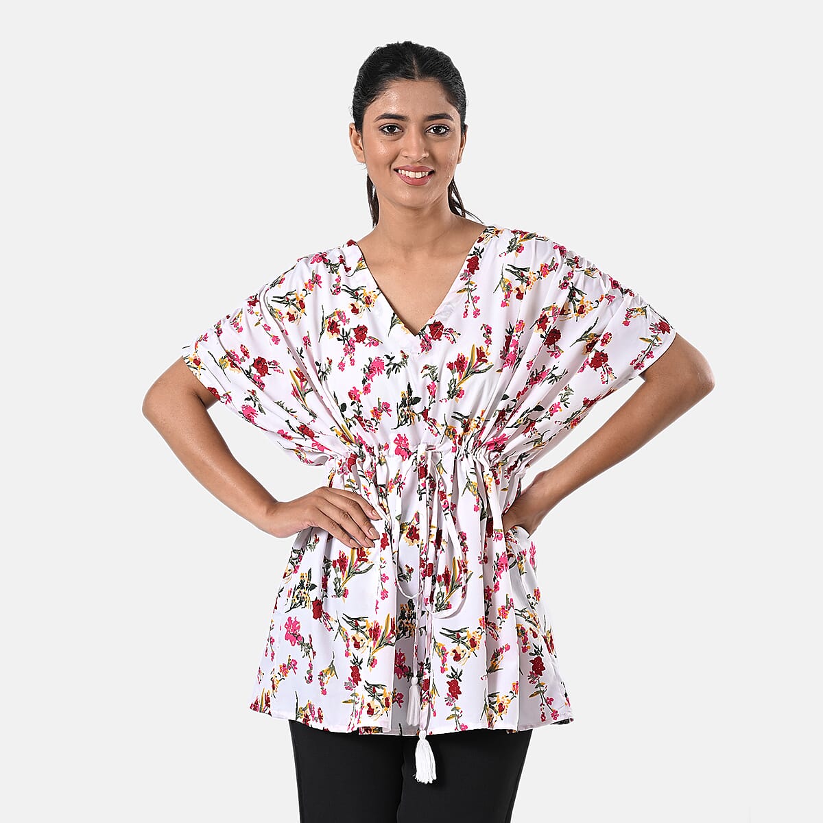 White Polyester Mini Kaftan Dress With Waist Tie Tassel Detailing - L (31x39) image number 1