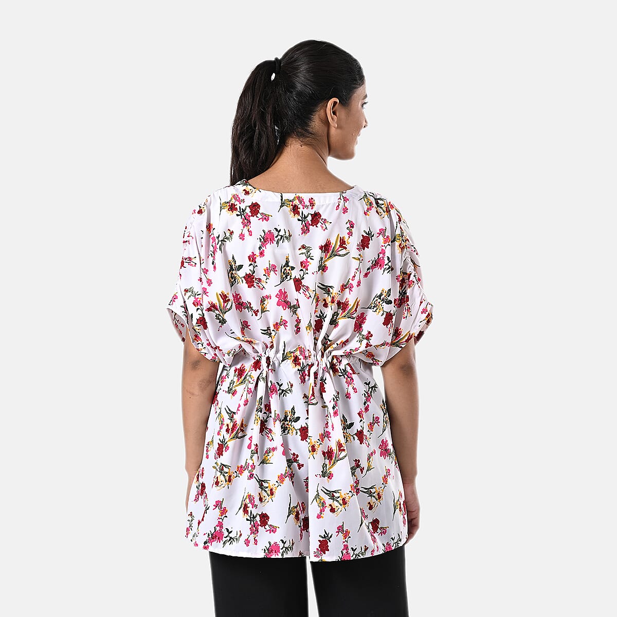 White Polyester Mini Kaftan Dress With Waist Tie Tassel Detailing - L (31x39) image number 3