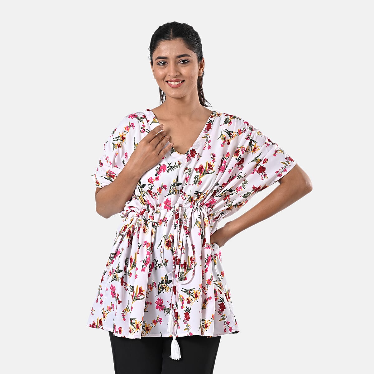 White Polyester Mini Kaftan Dress With Waist Tie Tassel Detailing - L (31x39) image number 4
