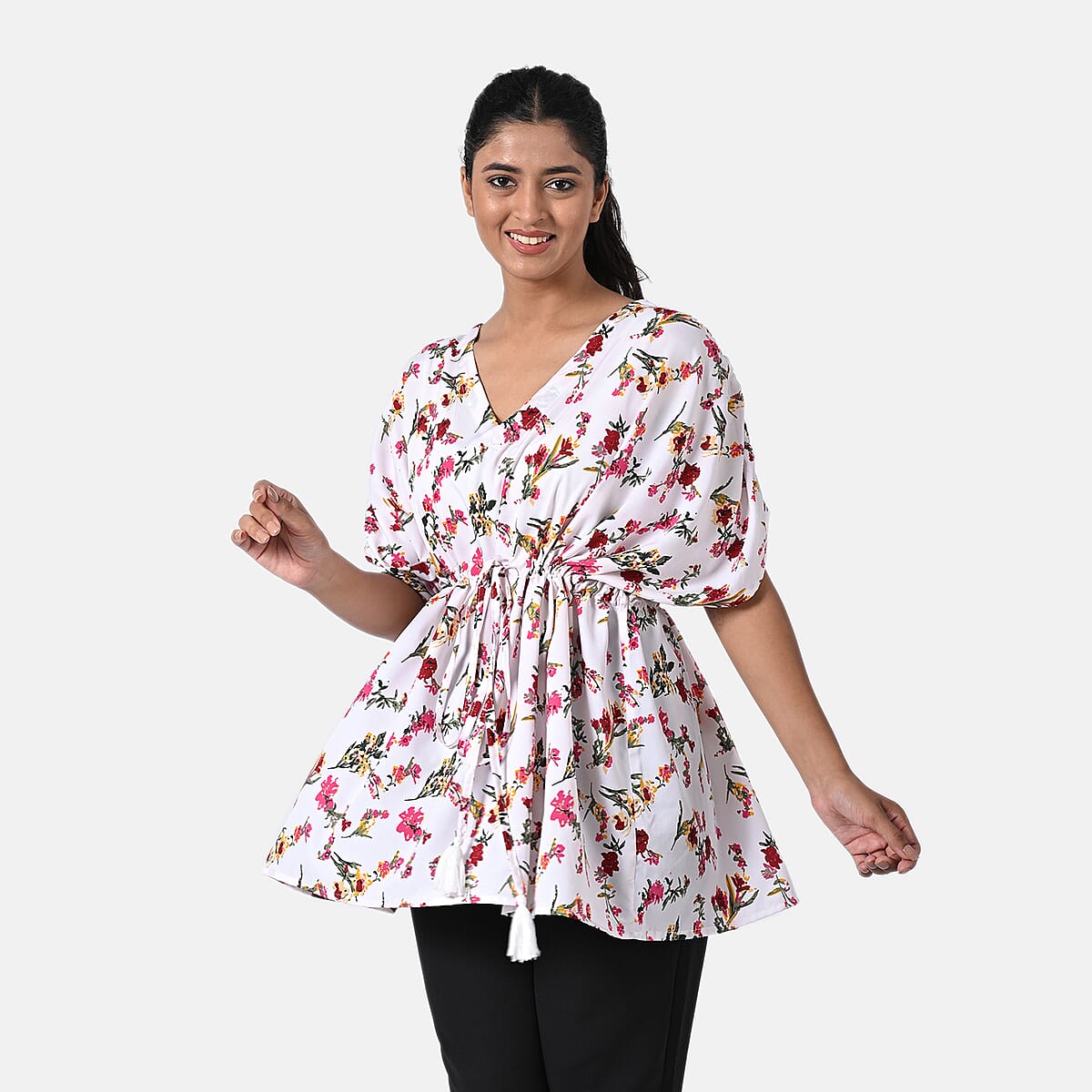 White Polyester Mini Kaftan Dress With Waist Tie Tassel Detailing - L (31x39) image number 5