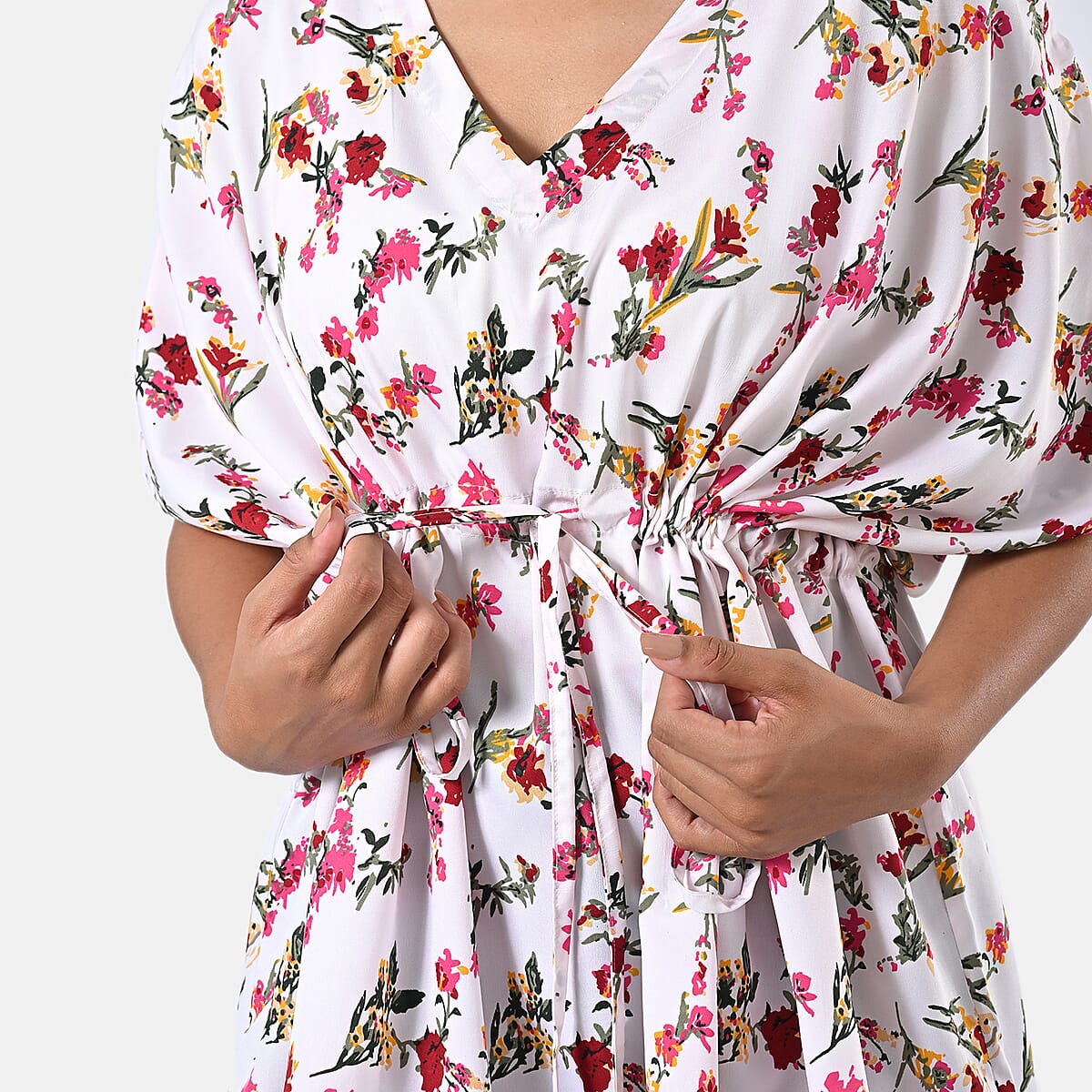 White Polyester Mini Kaftan Dress With Waist Tie Tassel Detailing - L (31x39) image number 6
