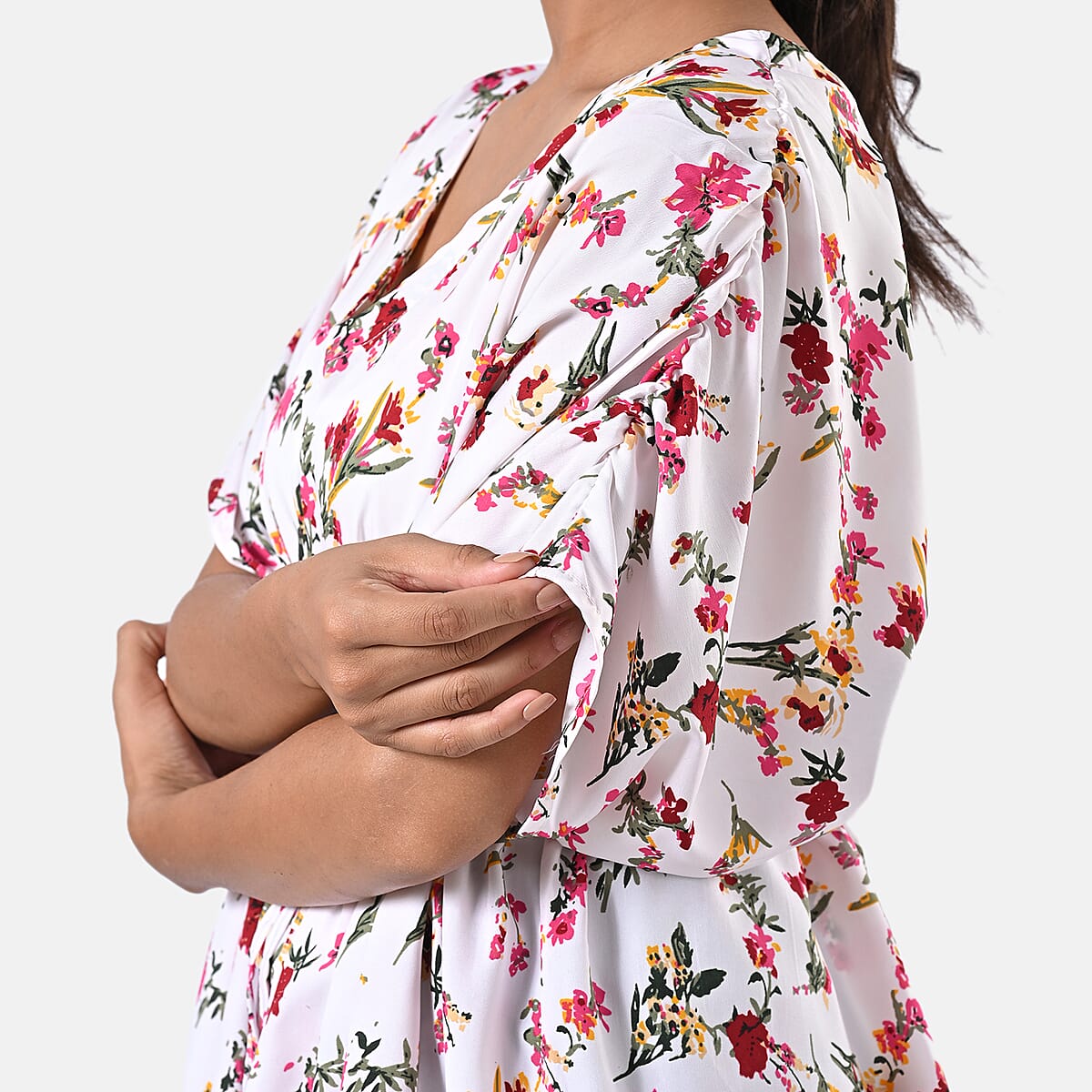 White Polyester Mini Kaftan Dress With Waist Tie Tassel Detailing - L (31x39) image number 7