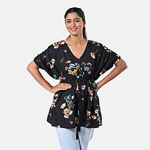 TAMSY Black Floral Short Kaftan with Drawstring Waist Tie - One Size Fits Most