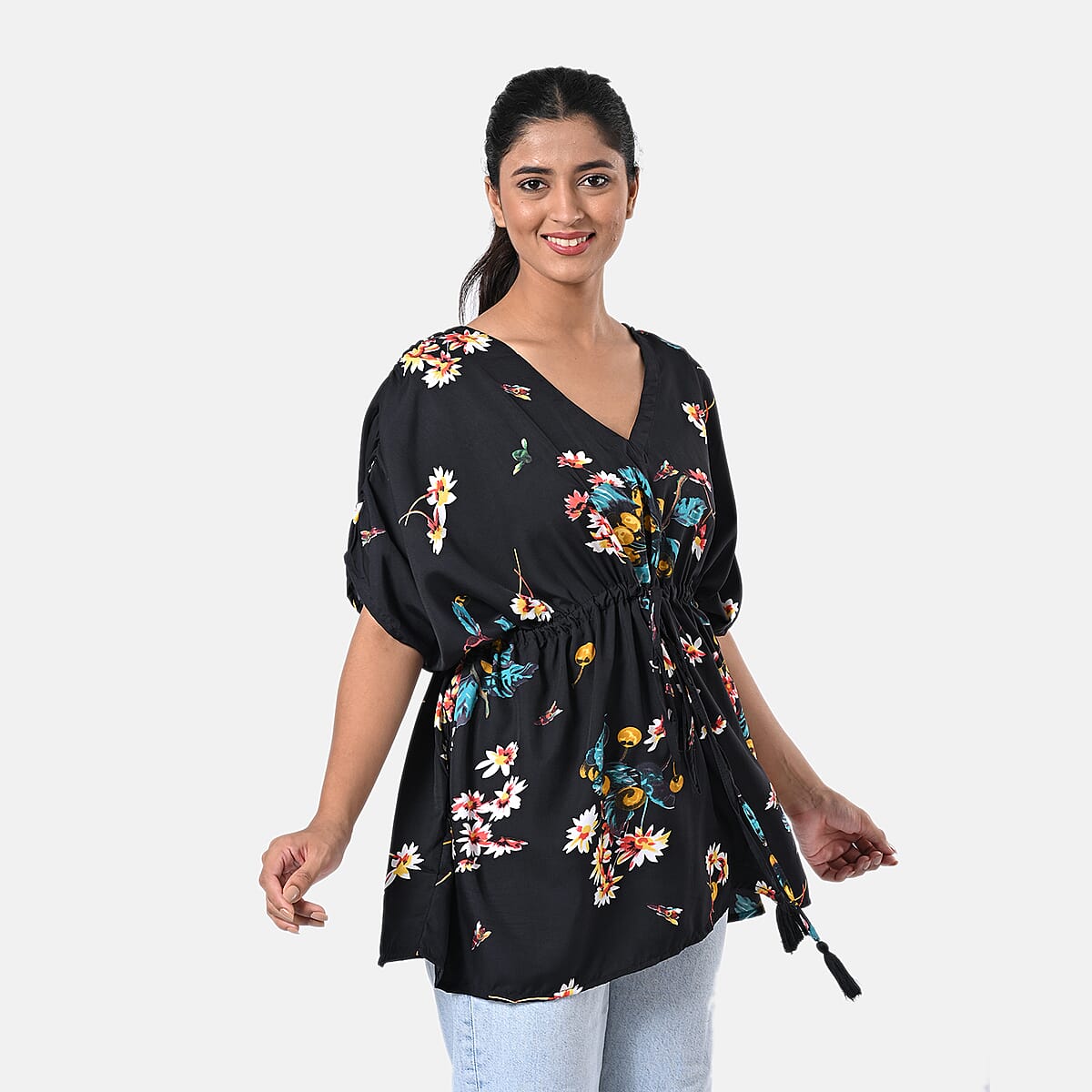 Black and Red Polyester Mini Kaftan Dress With Waist Tie Tassel Detailing - L (31x39) image number 4