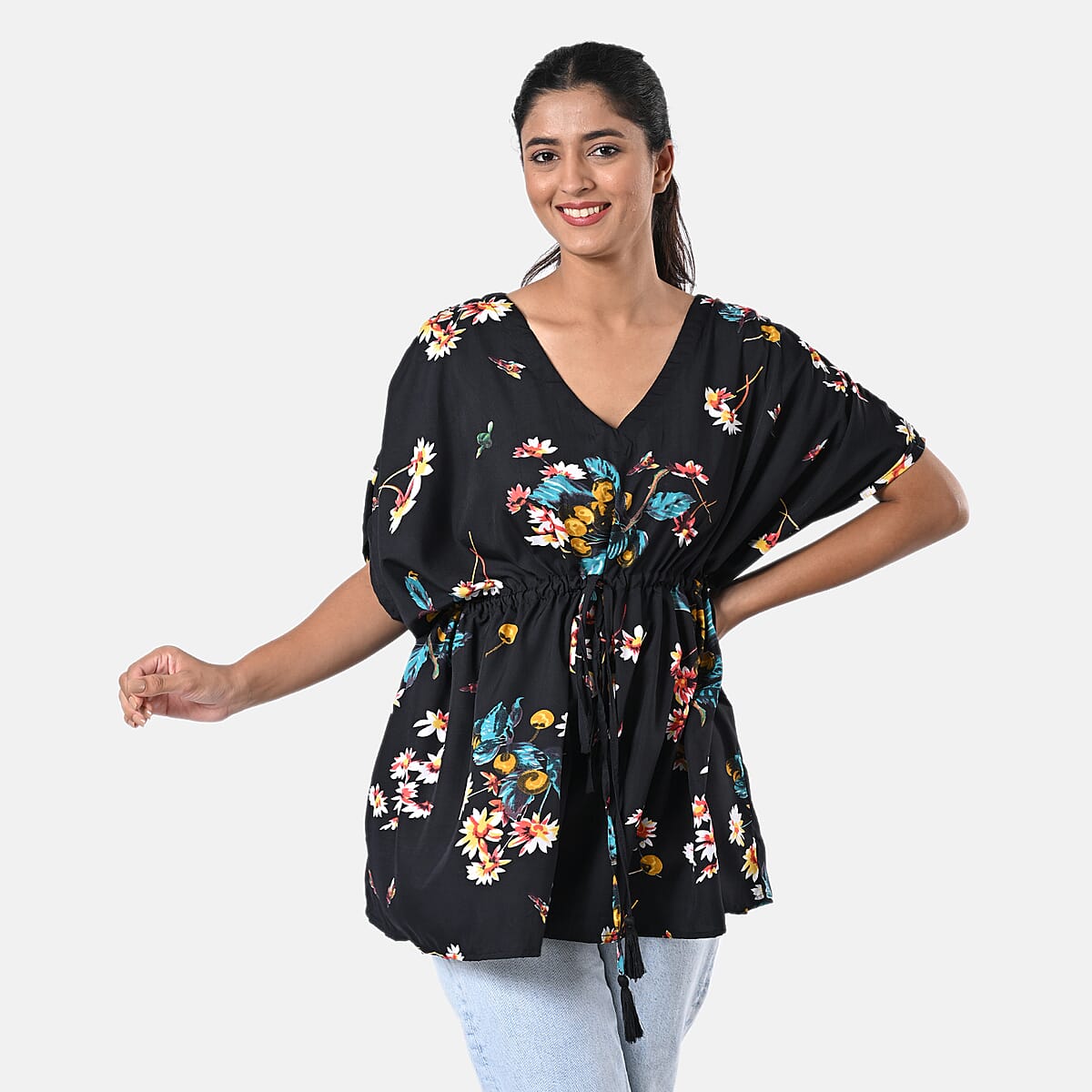 Black and Red Polyester Mini Kaftan Dress With Waist Tie Tassel Detailing - L (31x39) image number 5