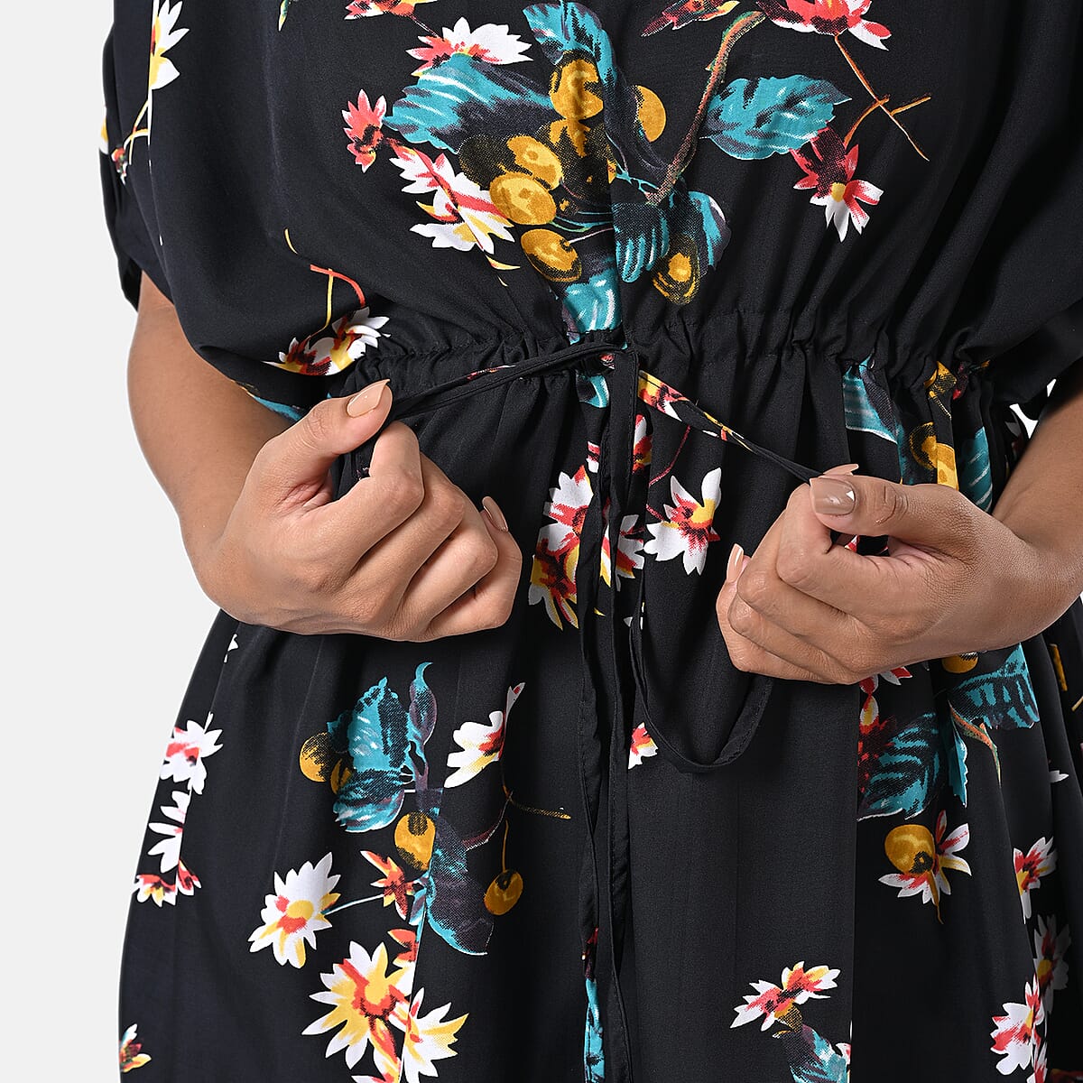 Black and Red Polyester Mini Kaftan Dress With Waist Tie Tassel Detailing - L (31x39) image number 6