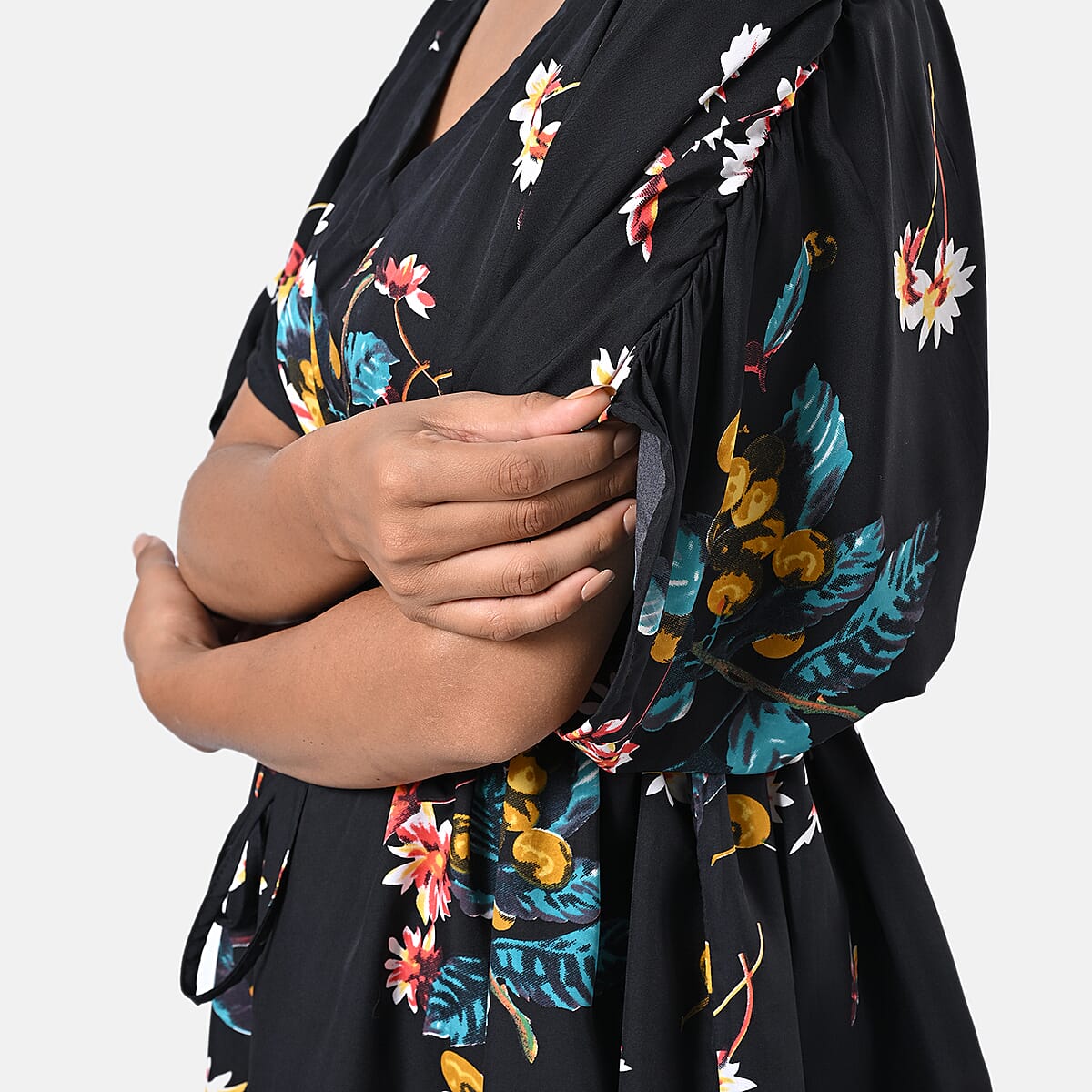 TAMSY Black Floral Short Kaftan with Drawstring Waist Tie - One Size Fits Most image number 8