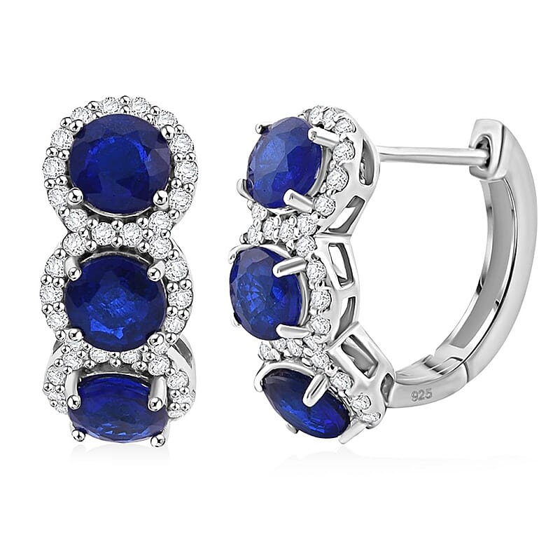D'Joy Tanzanian Blue Spinel (DF) and Moissanite 3.90 ctw Hoop Earrings in Rhodium Over Sterling Silver