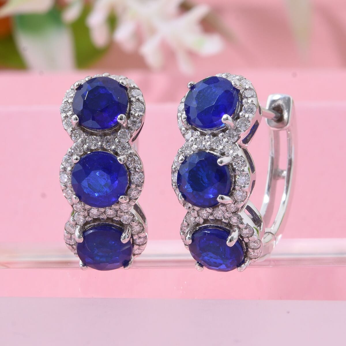 Tanzanian Blue Spinel (DF) and Moissanite 3.90 ctw Hoop Earrings in Rhodium Over Sterling Silver  image number 1