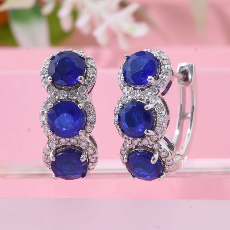 D'Joy Tanzanian Blue Spinel (DF) and Moissanite 3.90 ctw Hoop Earrings in Rhodium Over Sterling Silver