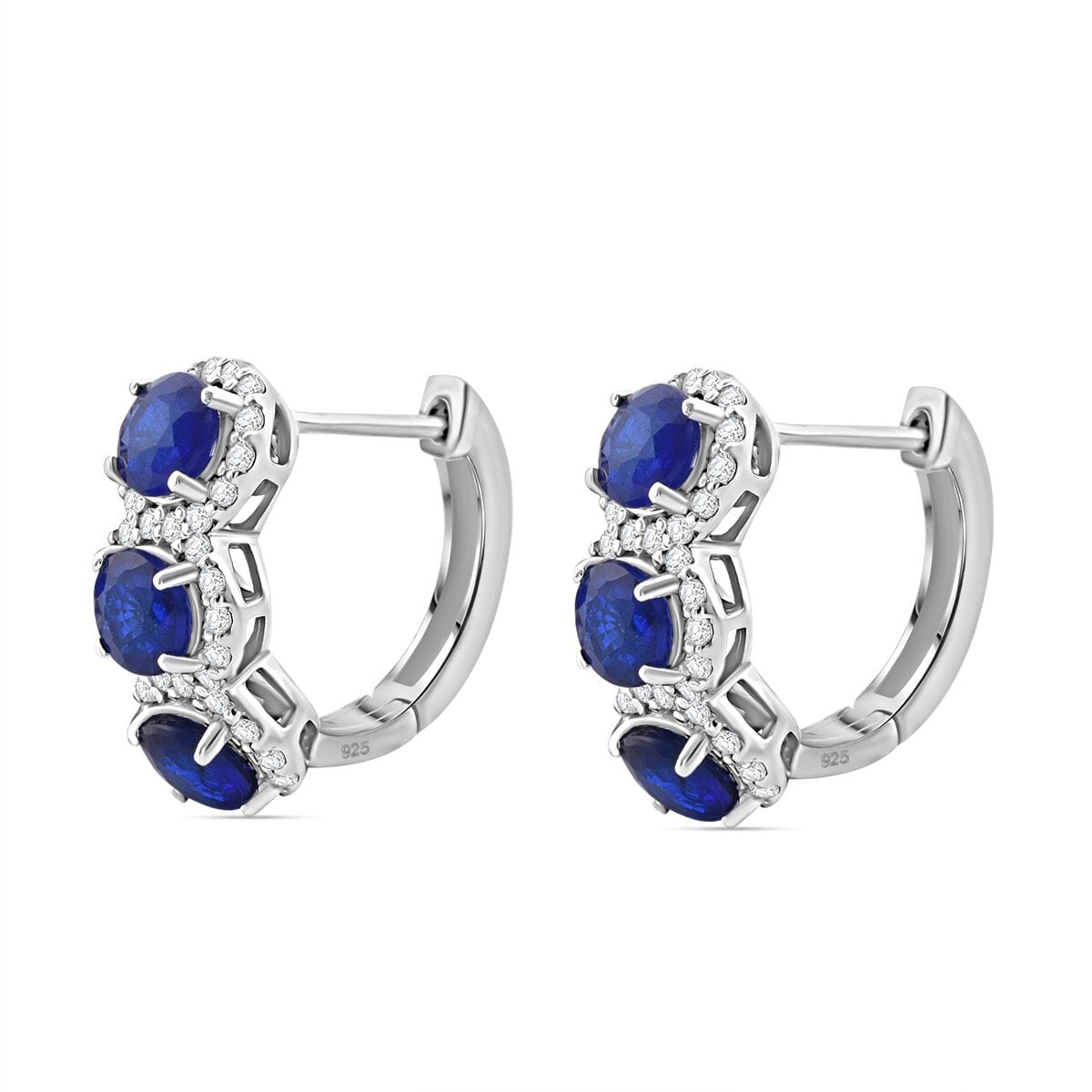 Tanzanian Blue Spinel (DF) and Moissanite 3.90 ctw Hoop Earrings in Rhodium Over Sterling Silver  image number 3