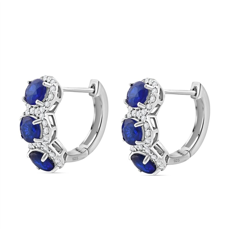 D'Joy Tanzanian Blue Spinel (DF) and Moissanite 3.90 ctw Hoop Earrings in Rhodium Over Sterling Silver